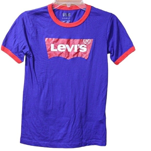 Levi’s Blue Ringer Spellout Logo Tee NWT Medium Youth Retro Graphic Shirt - Picture 1 of 12